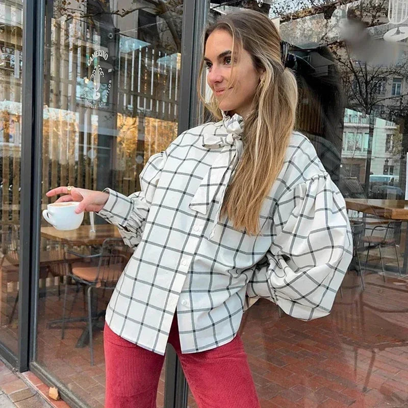 Aiertu  -  Elegant Plaid Lace Up Women Shirts 2026 Spring Ruffle Long Sleeve Single Breasted Simple Blouses Female Casual Loose Lady Tops Aiertu