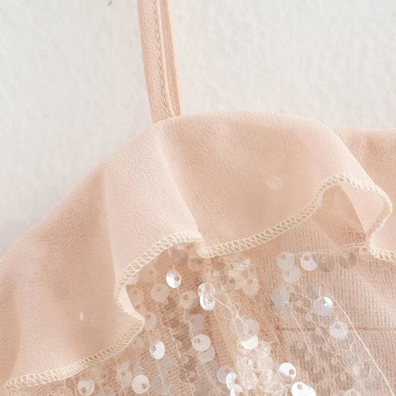 Aiertu  -  Fashion Sequin See-through Top Women Sling Sleeveless Backless Ruffle Ribbon Tops Female 2025 Spring Summer Chic Solid Lady Tank Aiertu