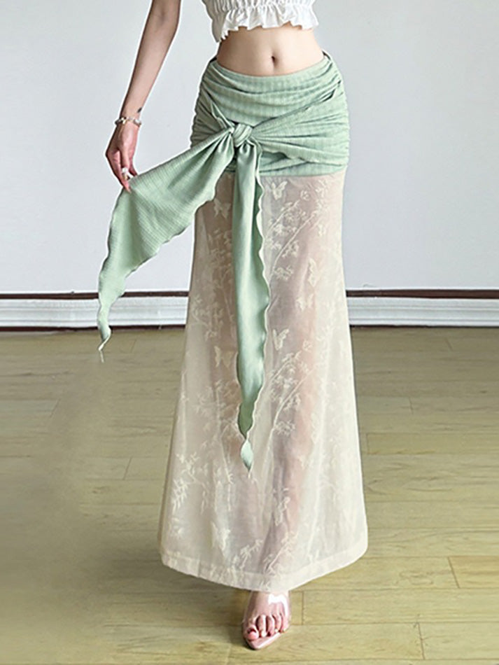 Aiertu  -Contrast Lace Ruched Tie Low-Waist Skirt aiertu