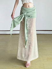 Aiertu  -Contrast Lace Ruched Tie Low-Waist Skirt aiertu