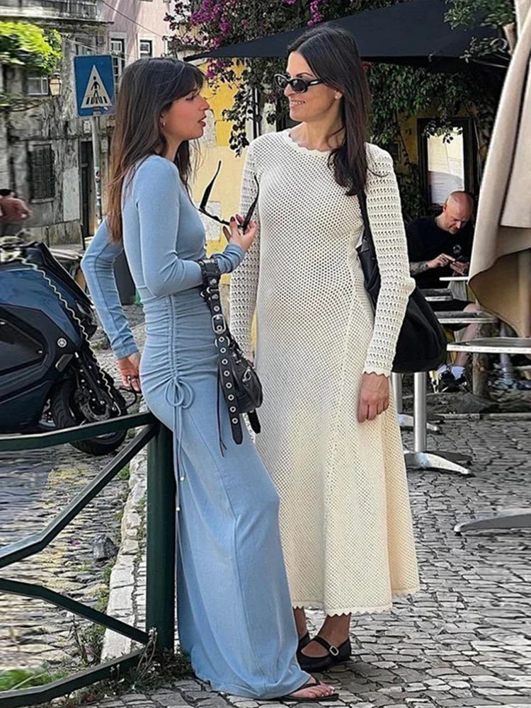 Aiertu  -  Sexy Blue Hollow Out Maxi Dress Women Elegant Bodycon  Side Pleated Dresses Female Summer Autumn Ladies Fashion Streetwear Aiertu