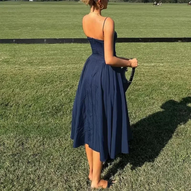 Aiertu  -   party look snspos Backless Spaghetti Strap Long Dress Women's Sexy Slim Sleeveless Party Resort Dress Solid A-Line Pleated Long Dress Aiertu