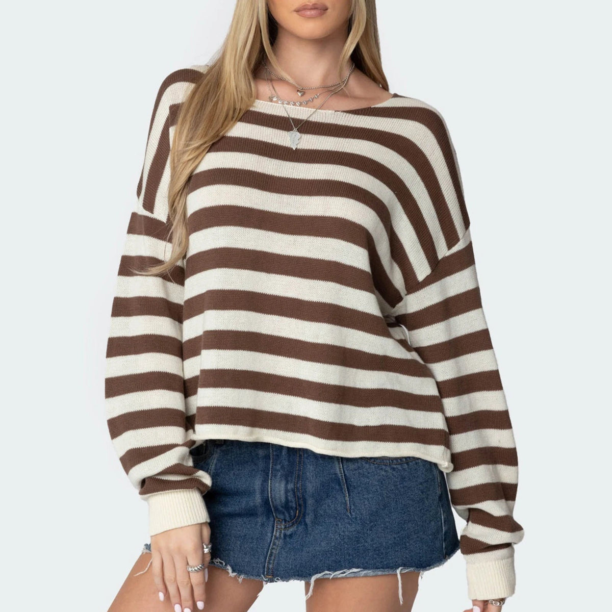 Aiertu  -  Womens Striped Loose Knit Sweater Fall Fashion Round Neck Long Sleeve Drop Shoulder Pullovers Casual Knitwear Aiertu