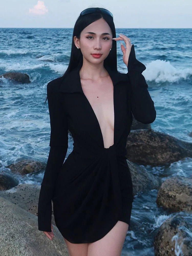 Aiertu  -  Sexy Deep V-Neck Twist Long Sleeves Dress Women's Elegant Party Club Outfits Patchwork High Waist Lapel Bodycon Dresses Aiertu