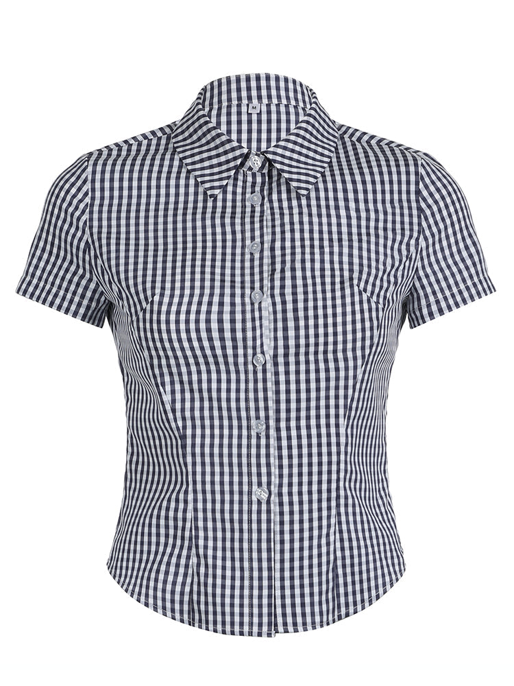 Aiertu - summer inspo Hot American Retro Casual Short Sleeve Plaid Shirts For Women Button Up Turn Down Collar Summer Spring Preppy Tops Aiertu