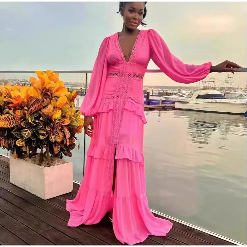 Aiertu  -  Elegant Hollow Lace Patchwork Ruffle Long Dress For Women Sexy Deep V-neck Lantern Sleeves Slim Maxi Dresses Female Party Robes Aiertu