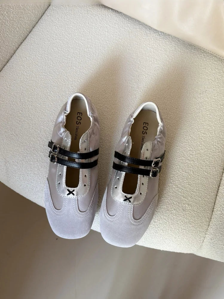 Aiertu  -  Silver Ballet Flats Women's Soft Leather Sport Mary Jane Ribbon Embellished Adult 1 Slip-on Casual Shoes Aiertu