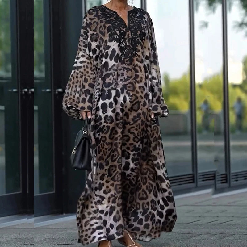 Aiertu  -  Elegant V-neck Leopard Print Loose Party Dress Women Casual Lantern Long Sleeve Long Dress 2026 Fashion Pleated Bohemian Dresses Aiertu