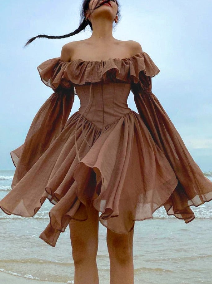 Aiertu Elegant Chiffon Corset Dress Brown Flare Long Sleeve Mini Dresses Vacation Short Party Dress Ruffles Slash Neck Outfit Aiertu