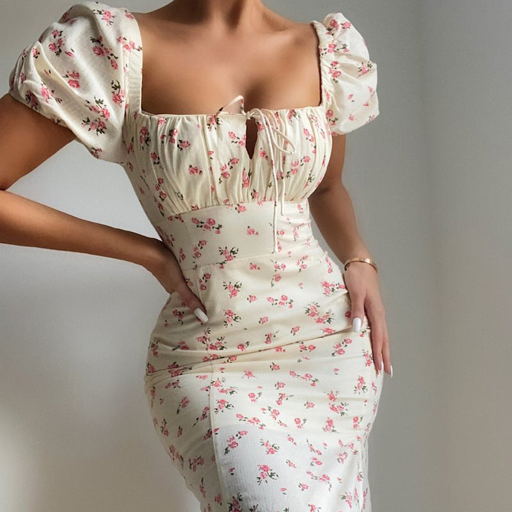 Aiertu - Square Neck Slim Printed Split Dress Aiertu
