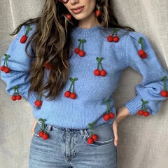Aiertu  -  hand-made cherry sweater women vintage crochet blue pullovers autumn winter streetwear casual oversized sweater 2026 Aiertu