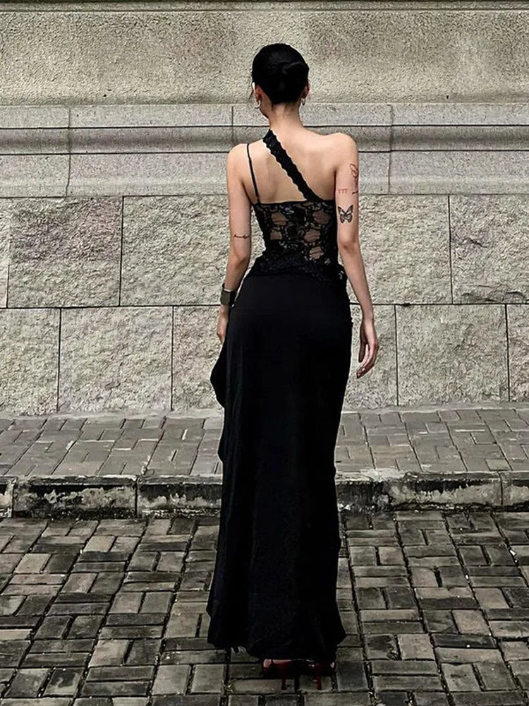Aiertu  -  Sexy Hollow Out Dress Women Sling Backless Irregular Ruffle Hem Split Dresses Female 2025 Spring Summer Lace Club Bar Lady Robe Aiertu
