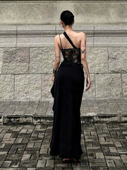 Aiertu  -  Sexy Hollow Out Dress Women Sling Backless Irregular Ruffle Hem Split Dresses Female 2025 Spring Summer Lace Club Bar Lady Robe Aiertu
