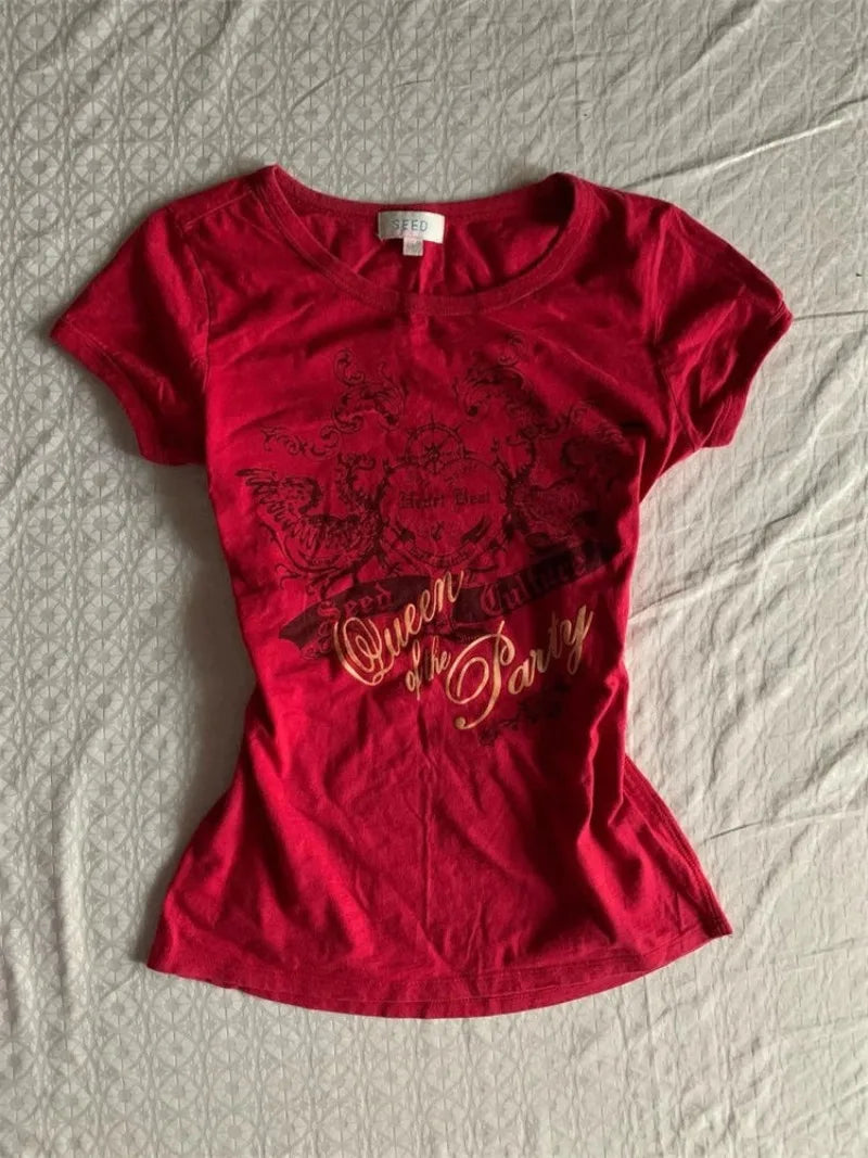 Aiertu  -  Fashion Popular American Letter Print O Neck Short Sleeve T Shirts All Match Y2k Aesthetic 2000s Tops Punk High Street Clothes Aiertu