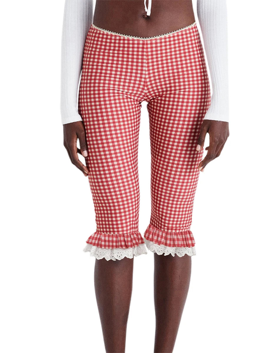 Aiertu  -  Women s Plaid Capri Pants with Lace Ruffles and Stretchy Cropped Leggings for Summer Casual Wear Aiertu