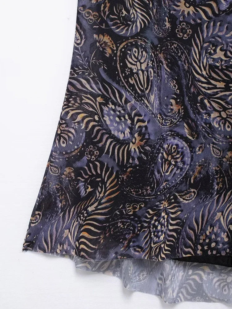 Aiertu  -  Women Fashion Tulle Printed Pleated Side Lace Up Midi Skirt Vintage Mid Waist Female Chic Lady Skirts Aiertu