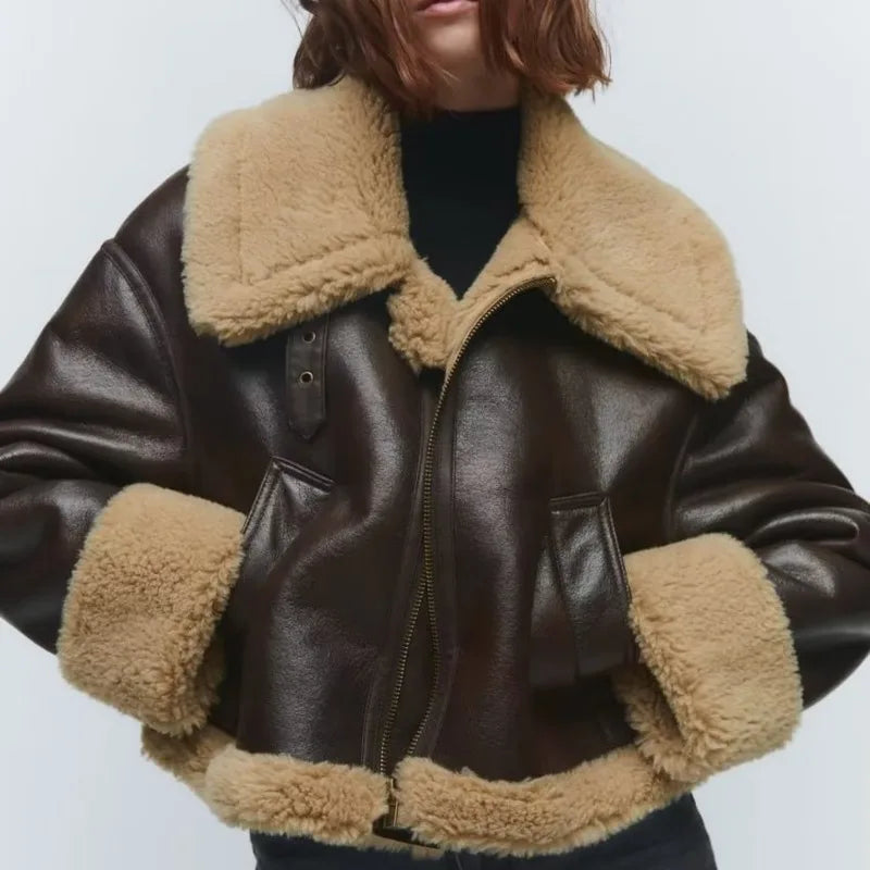 Aiertu  -  Women's Thickened Warm Spliced Leather Jacket Winter New Lapel Faux Lamb Leather Jackets Lady Long Sleeve Pocket Short Coat Aiertu