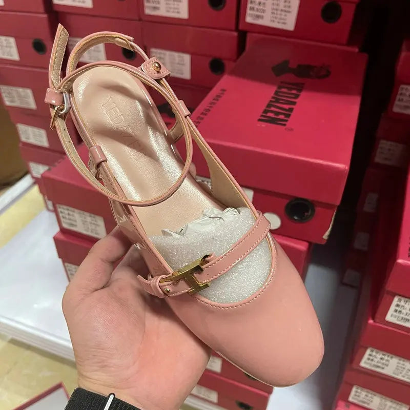 Aiertu  -  French Round Head One-Line Buckle Flat Shoes Women'S Gentle Style Ballet Shoes Back Empty Toe Sandals Aiertu