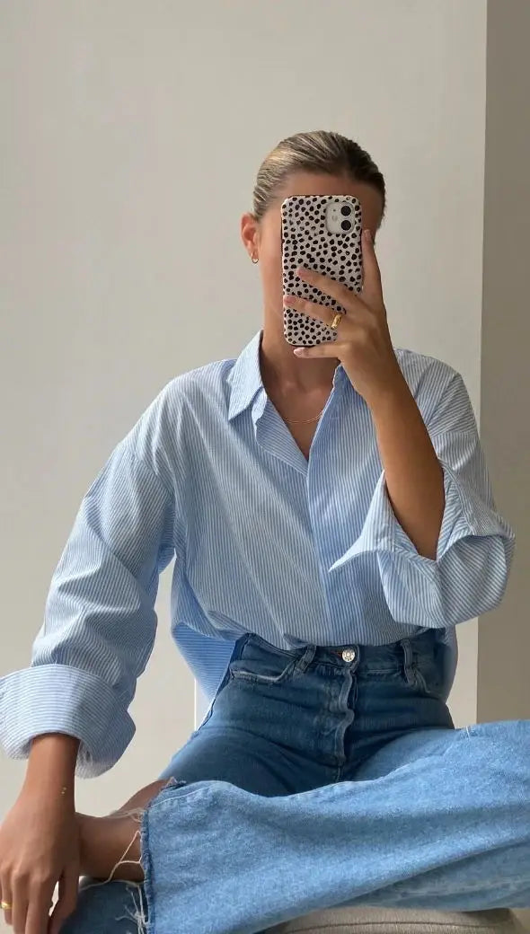 Aiertu  -  Chic Striped Women Shirt Loose 100% Cotton Shirts Tops Ladies Casual Lapel Oversized Lace Up Blouse Women Tops Blouse Aiertu