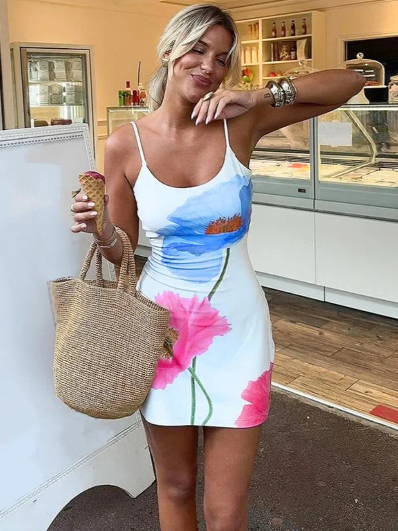 Aiertu  -  Woman Clothes Floral Print Mesh Slip Dress Y2K Streetwear 2026 Summer Lady Sleeveless Backless White Short Holiday Beach Dresses Aiertu