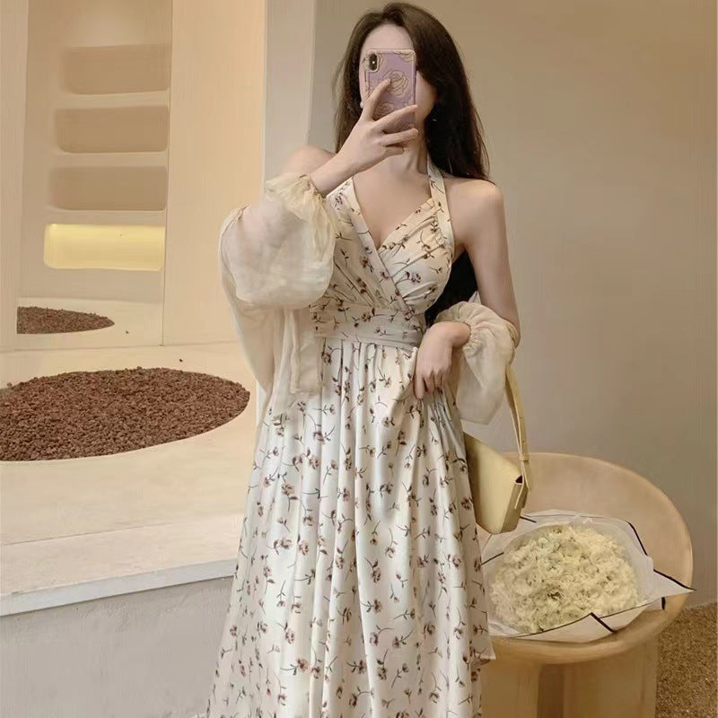 Aiertu Thin Hot Girl Summer Hanging Neck Type Broken Flowers In The Long Skirt Fairy Temperament French Accept Waist Dress-Outfit Ideas Aiertu