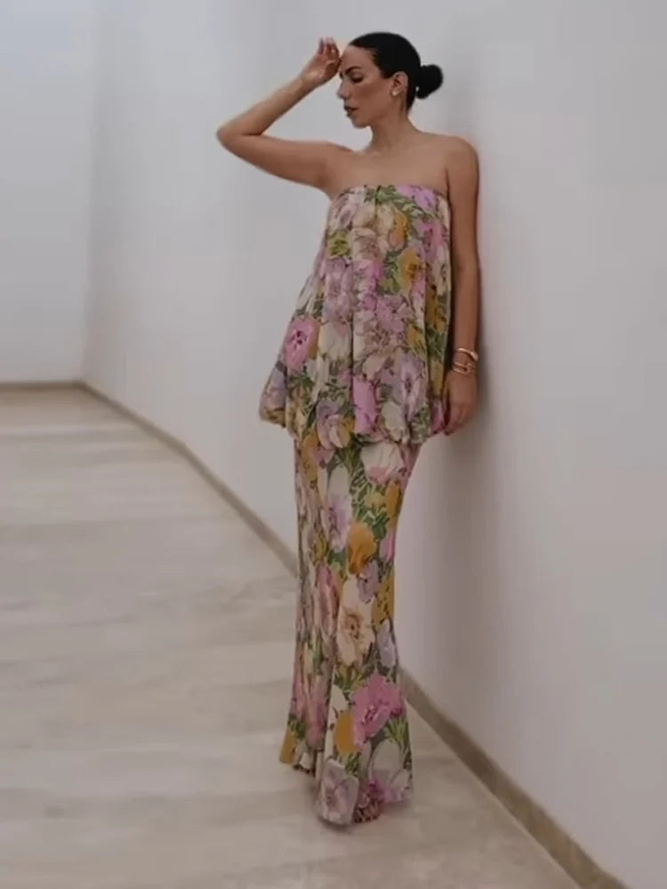 Aiertu  -  Strapless Layered Printed Dress Flower Off Shoulder Backless Layers Slimming Seaside Beach Women Long Dress Fashion Robes Summer Aiertu