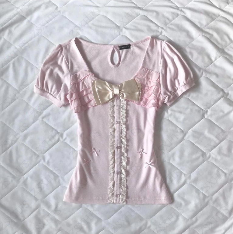 Aiertu  -  2000s Kawaii Summer T shirt Women Clothes Cute Bow Slim Sweet Girl Pink Lace Short sleeve Femme Crop Top Harajuku Y2k Tee Shirts Aiertu