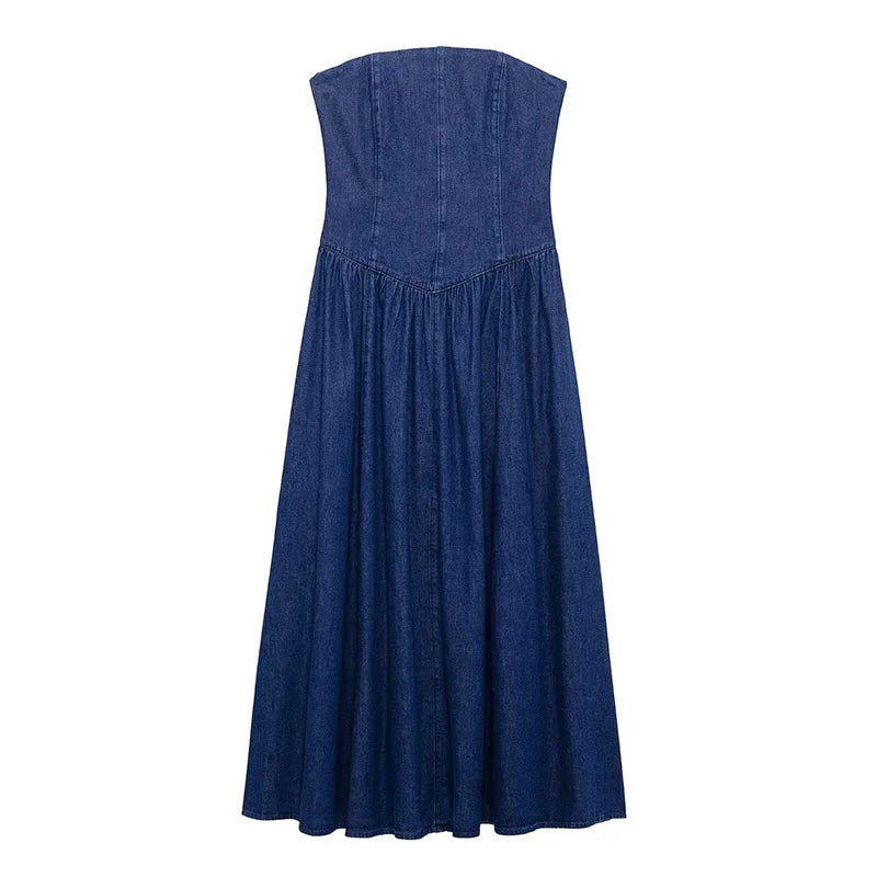 Aiertu  -  Strapless Denim Long Dress Sexy Backless Waist Cinched Cowboy Pleated Dresses Off Shoulder Street Trends Robes Women's Clothing Aiertu