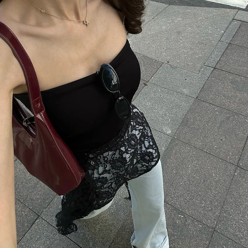 Aiertu  -  Lace Up Sleeveless T shirts for Woman Summer Holiday Off Shoulder Bandage Patchwork Black Shirts Holiday Party Tops Aiertu