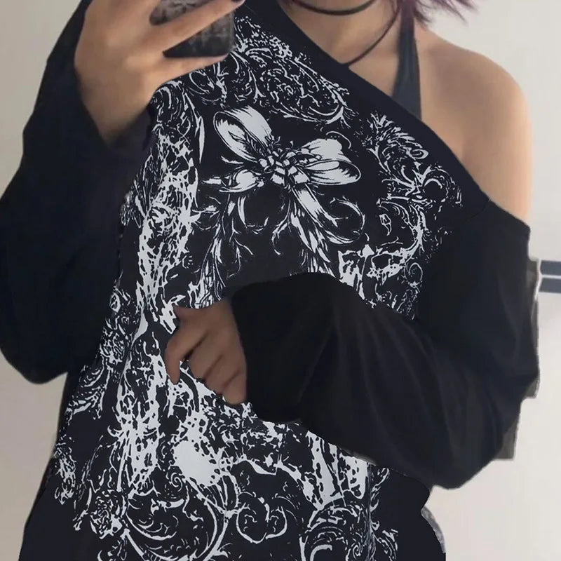 Aiertu  -  Halloween European and American personality niche dark printing contrasting colors loose large version long-sleeved T-shirt top Aiertu