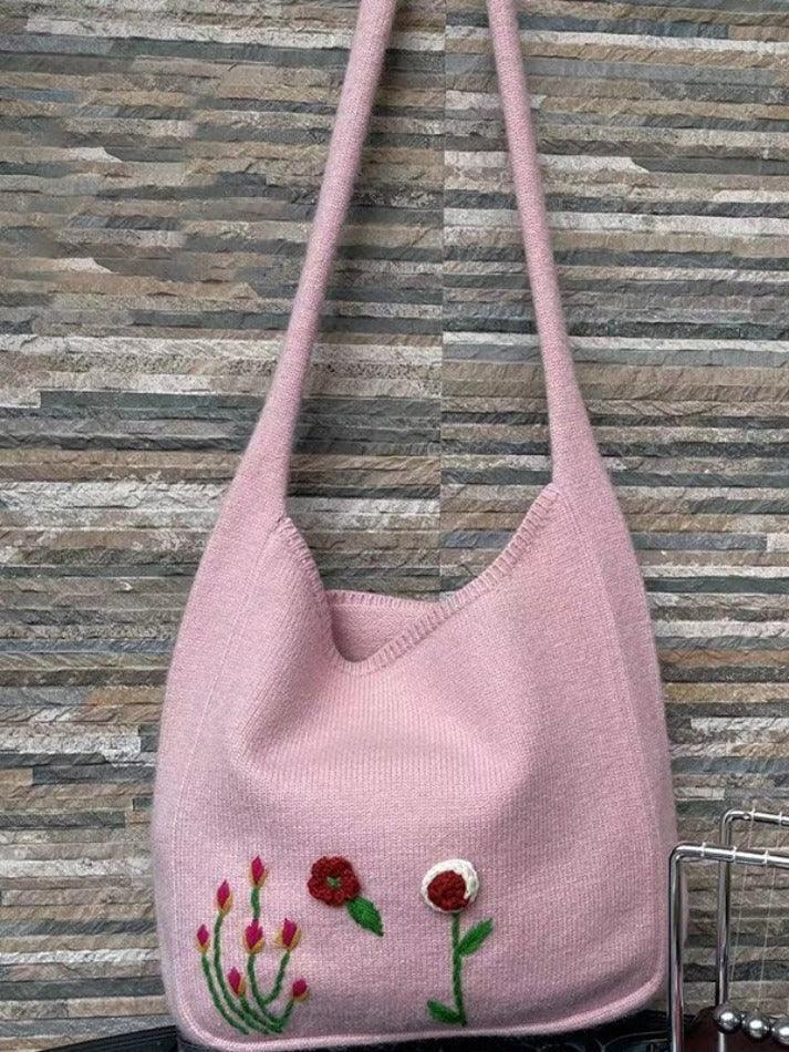 Aiertu  -Ethnic Floral Embroidery Knitted Shopper Bag aiertu