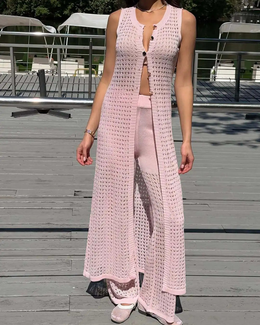 Aiertu  -  Knit Vest Cardigan Beach Dress Long Pants 2 Pieces Sets For Women Hollow Out Sexy See Through Cardigan Long Pants Sets Aiertu
