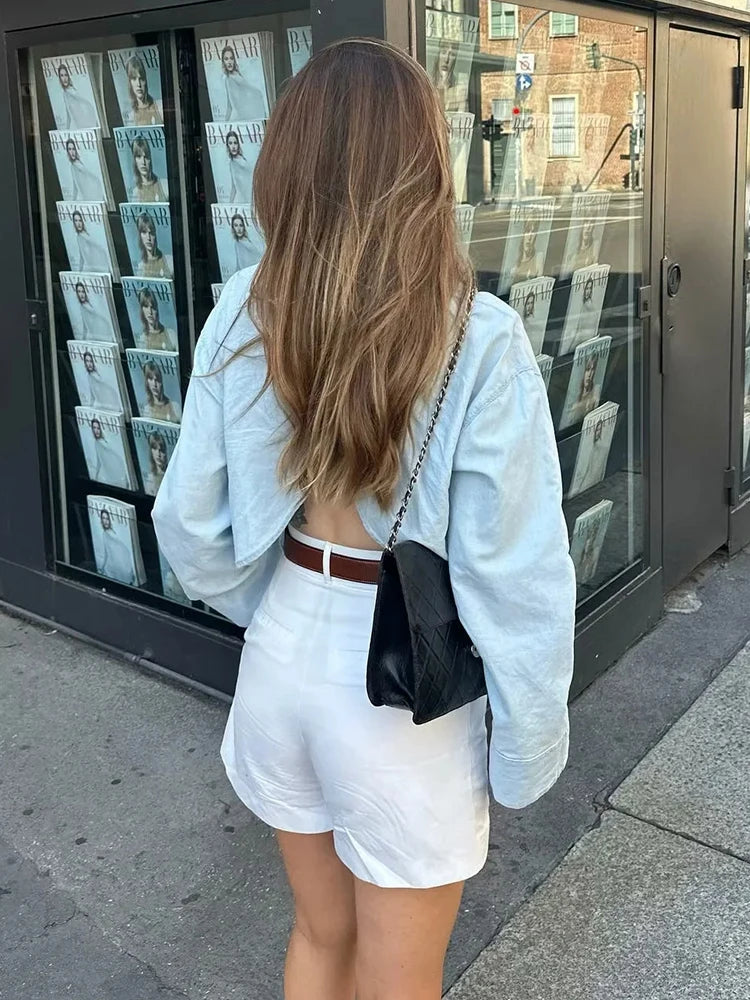 Aiertu  -  Single Breasted Sky Blue Short Shirt Women Long Sleeve Turn Down Collar Cotton Crop Top Blusa Mujer New Autumn Spring Aiertu