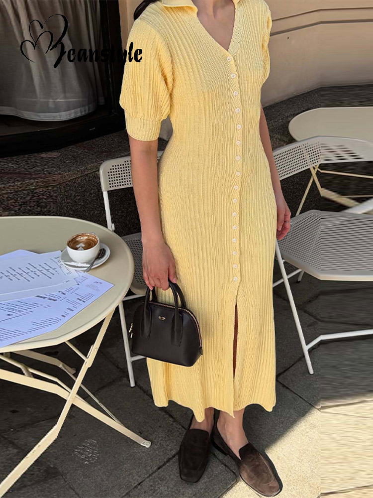 Aiertu  Yellow Knit Single Breasted Dress Women Summer Puff Short Sleeves Long Dresses Female 2025 Loose Turndown Collar Lady Robe Aiertu
