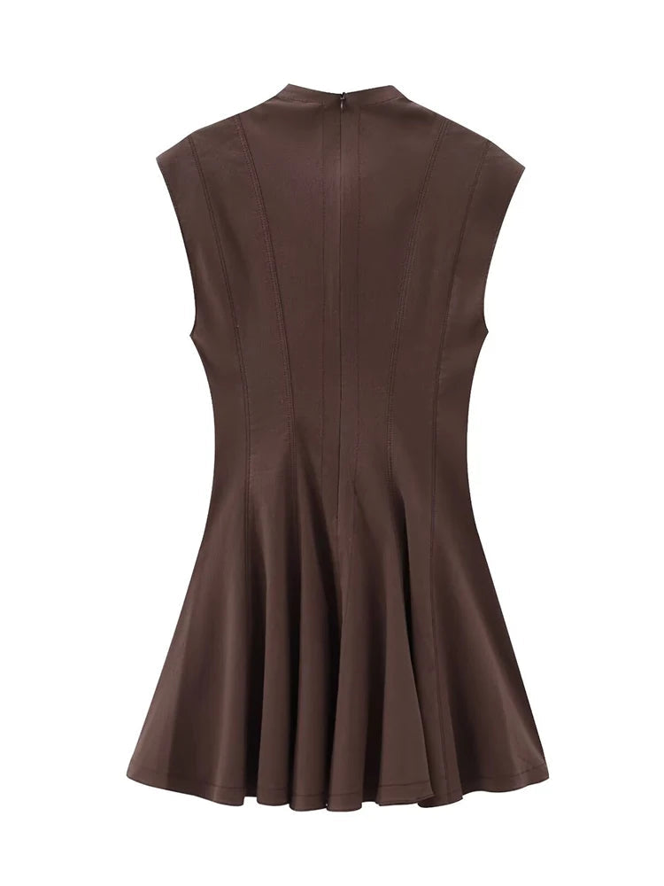 Aiertu  -  Women Fashion Solid Pleated A-Line Back Zipper Mini Dress Vintage O-Neck Sleeveless Female Chic Lady Dresses Aiertu