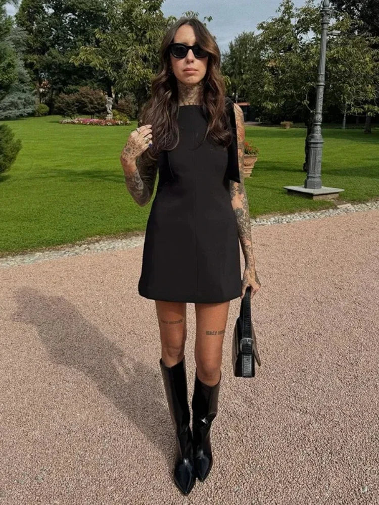 Aiertu  -  Black Elegant Velvet Bow Strap Mini Dress for Women Chic Square Collar Slip Vintage Dress Female Club Party Dress Evening Gown Aiertu
