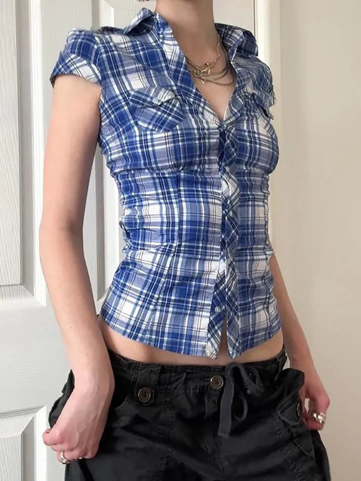 Aiertu  -  Vintage Plaid Button-Up Collared Short Sleeve Shirt Aiertu