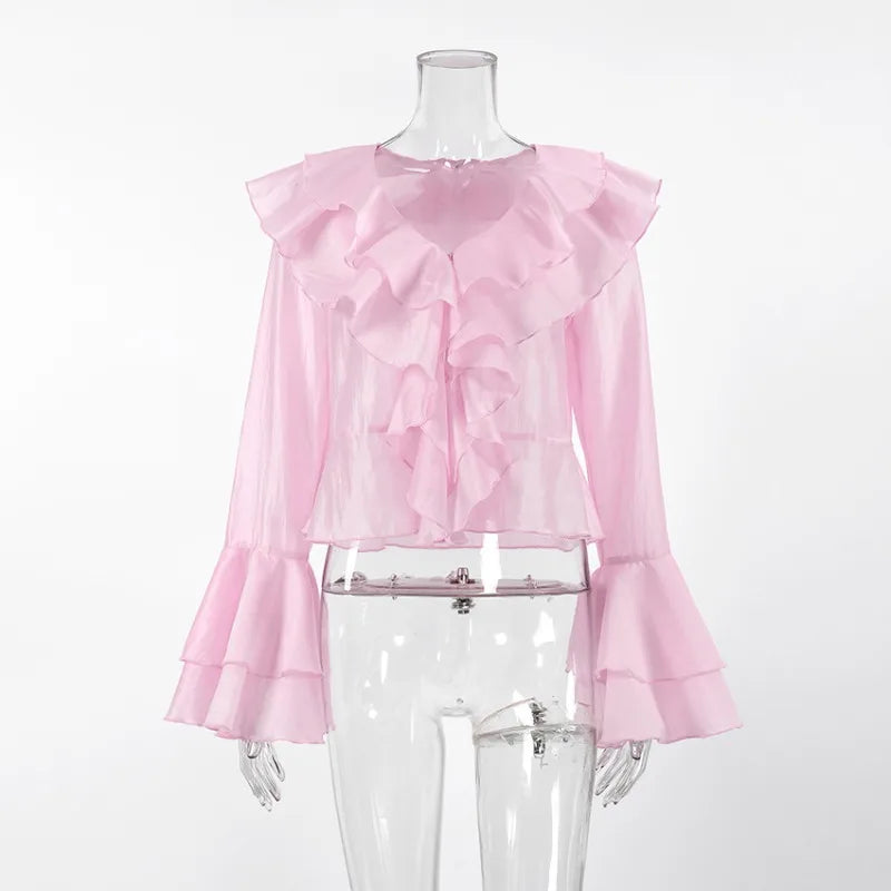 Aiertu  Summer Ruffle Short Tshirts Ladies 2025 Fashion V Neck Long Sleeve Shirts Party Casual Vacation Pink Top Women's Clothes Aiertu