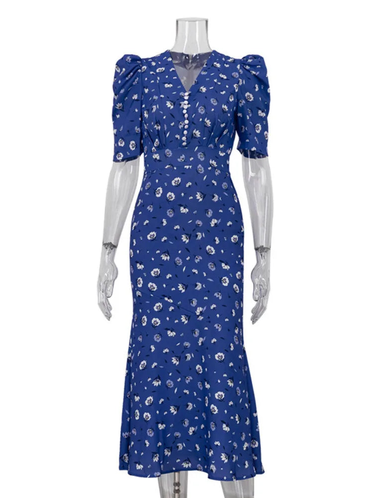 Aiertu  -  Print Short Sleeve Dress V Neck Maxi Dress For Women Elegant High Waist Button Print Sexy Slim Fashion Holiday Dress Aiertu