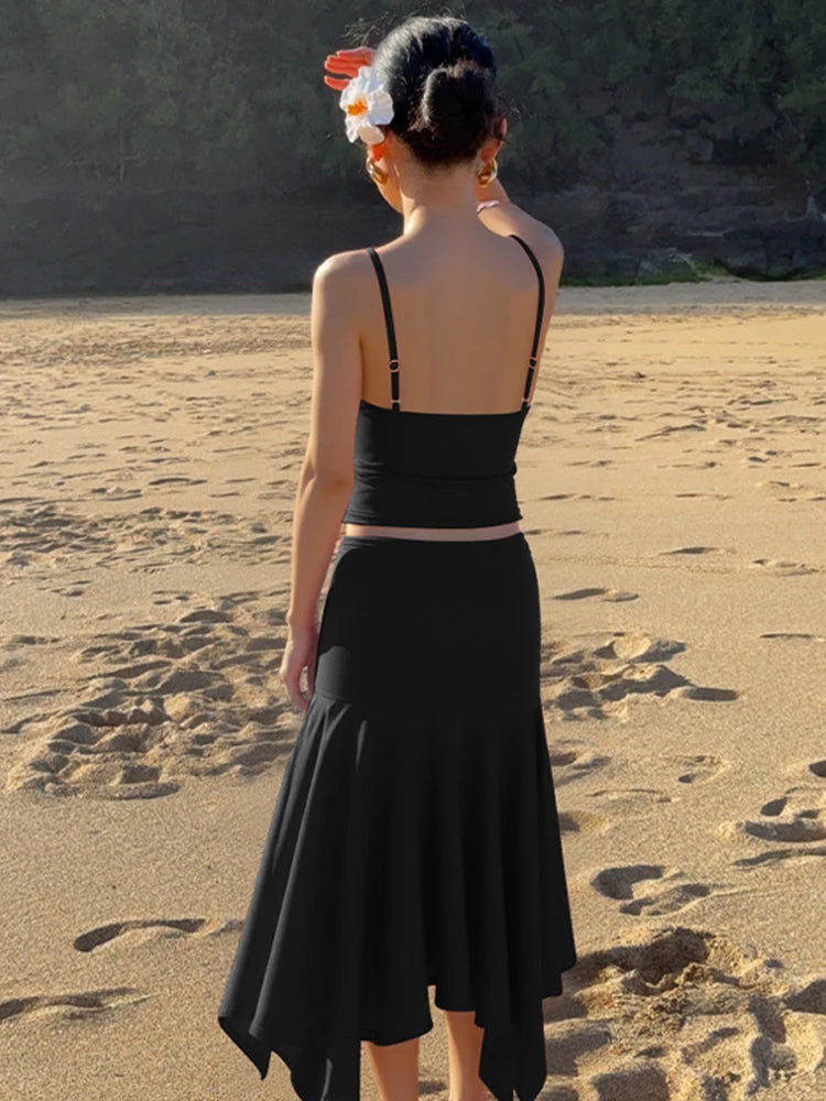 Aiertu  -  Sling Skirt Suit Women's Sleeveless Solid Slim T shirt Top Irregular Long Skirt High Waist Casual 2026 Summer Fashion Set Aiertu