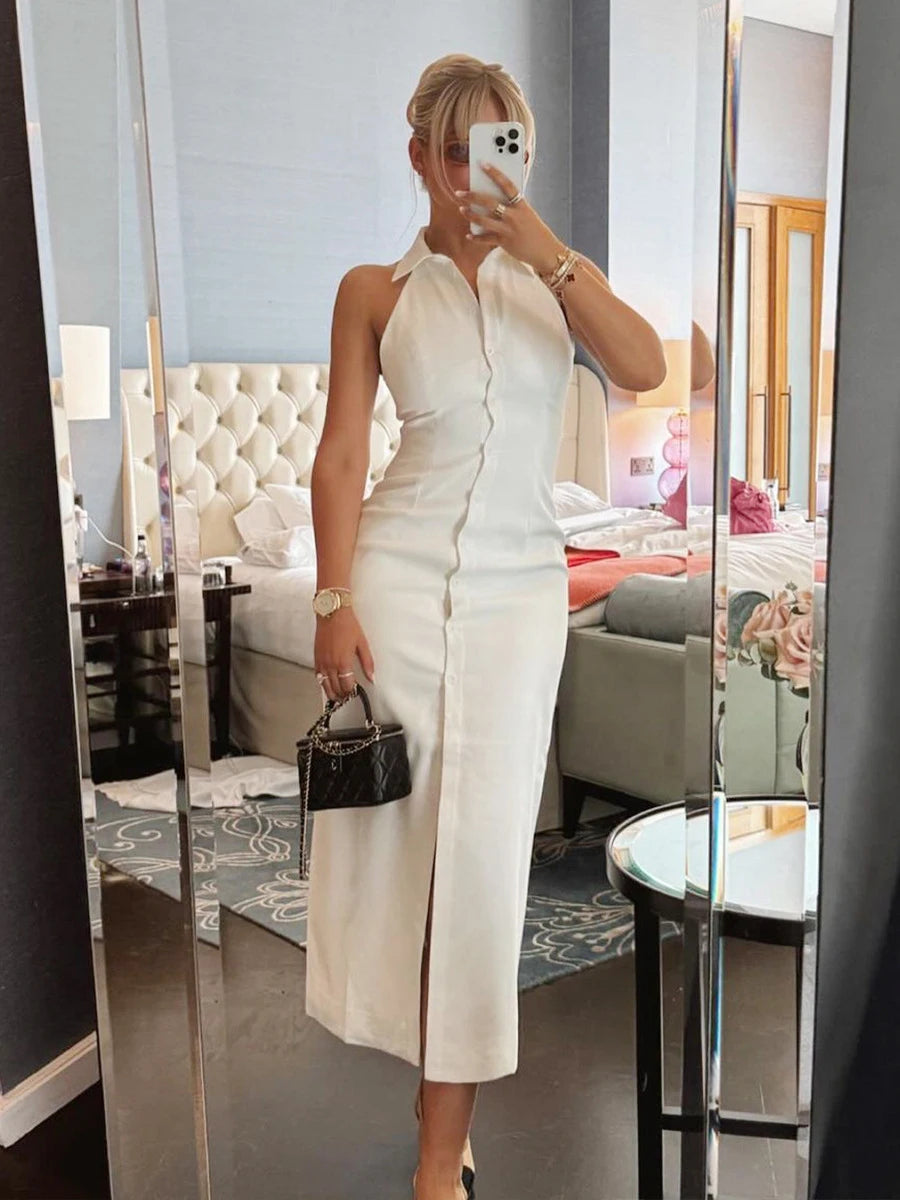 Aiertu  -  White Chic Slim Split Halter Dresses Women Summer Single Breasted Sleeveless Midi Dress 2025 New Elegant Casual Fashion Vestidos Aiertu