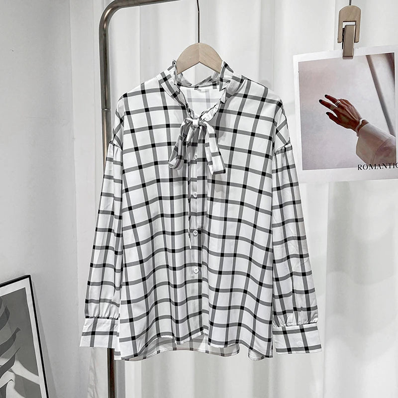 Aiertu  -  Elegant Plaid Lace Up Women Shirts 2026 Spring Ruffle Long Sleeve Single Breasted Simple Blouses Female Casual Loose Lady Tops Aiertu