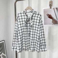 Aiertu  -  Elegant Plaid Lace Up Women Shirts 2026 Spring Ruffle Long Sleeve Single Breasted Simple Blouses Female Casual Loose Lady Tops Aiertu
