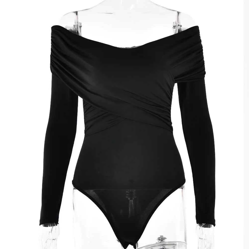 Aiertu  -  2026 Sexy V-neck Long Sleeve Bodysuits Fashion Autumn Off Shoulder One Piece T-shirts Streetwear Female Folds Pink Tops Jumpsuit Aiertu