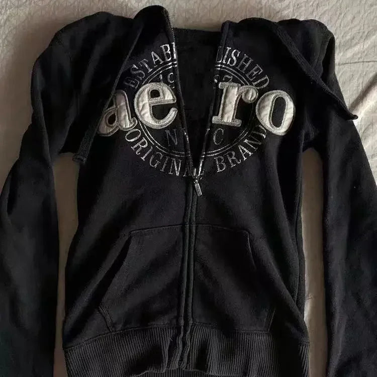 Aiertu  -  All Match Black Color Women Autumn Winter Coats Punk Y2k Aesthetic Letter Print Zipper Jackets American High Street Hoodies Aiertu