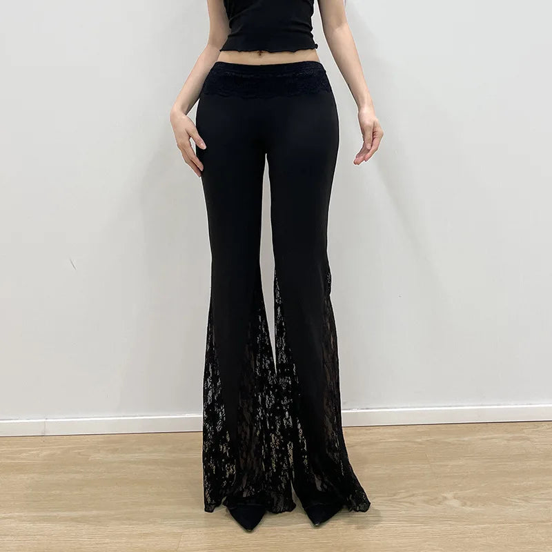 Aiertu  -  Women's 2025 Autumn Spring Fashion Streetwear Lady Casual Patchwork Lace Flare Pants Sexy Slim Mid-Waisted Wide Leg Pants Aiertu