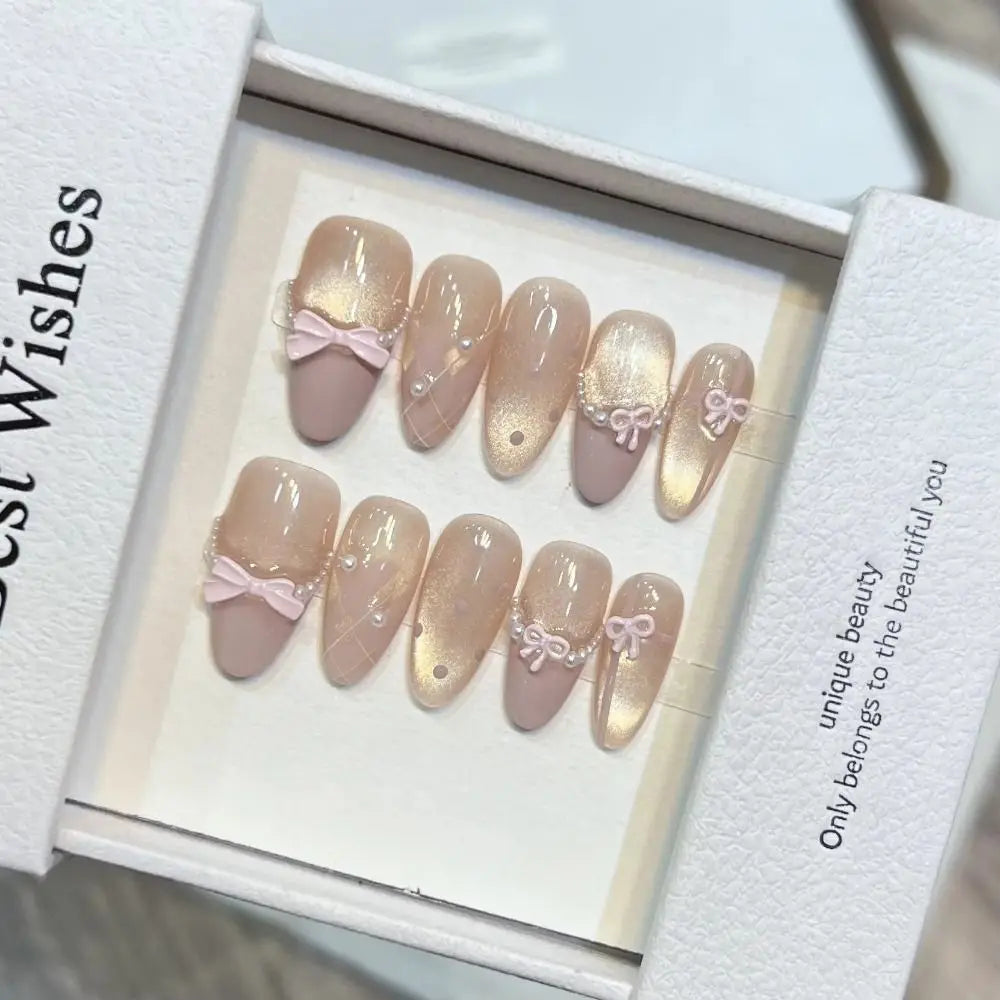 Aiertu  -  10pc Press On Nails False Nails Bow Decor Fake Nails Wearable Handmade Gel Nail Stickers Reusable Gradient Gel Nail Polish Strip Aiertu