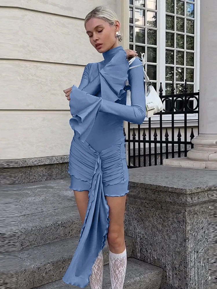 Aiertu  -  Autumn New Flare Sleeve Sexy Bodycon Dress For Women Edible Tree Fungus Irregular Splice Gown Mini Dresses Solid Color Aiertu
