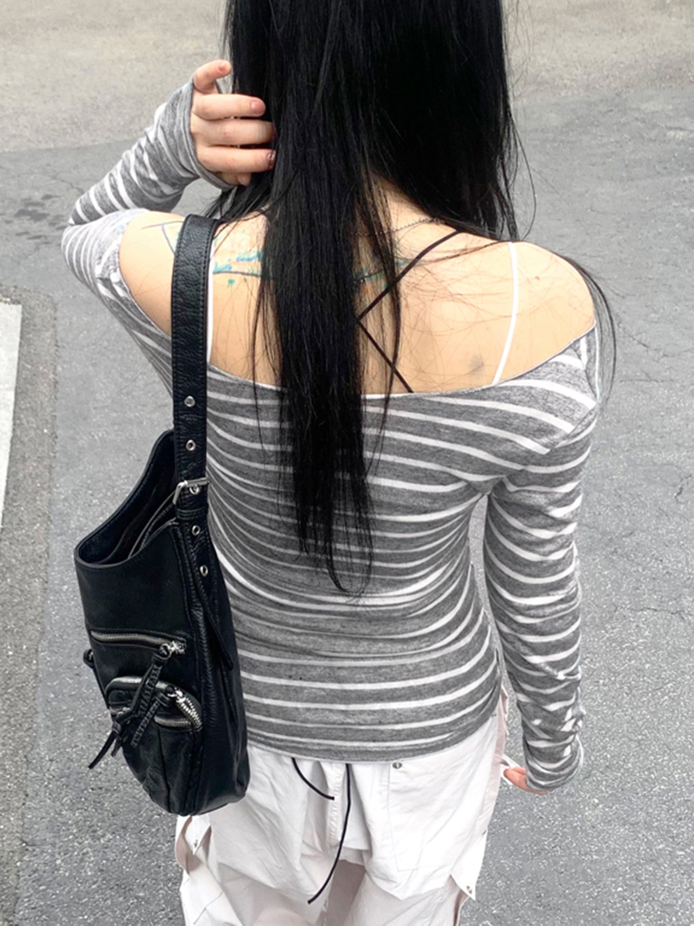 Aiertu - summer inspo Hot Japanese Basic Slim Long Sleeve Stripe Tee Off Shoulder O Neck Korean Street Style Spring Autumn Y2K Gray T Shirt Women Aiertu
