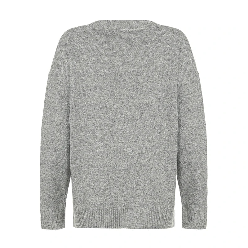 Aiertu  -  Minimalism V Neck Sweater for Women Gray Casual Winter Knitted Pullovers Streetwear Y2K Basic Jumper Preppy Style Aiertu